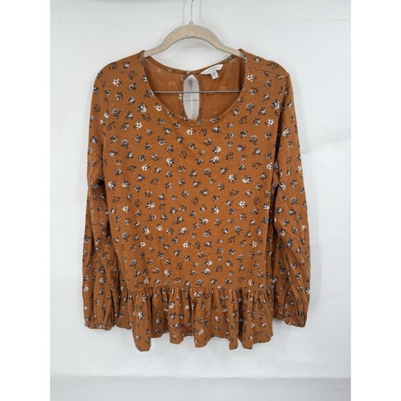 Lucky Brand Top Women's Large Orange Floral Drop Waist Prairie Boho Cottage Slub - Picture 1 of 9